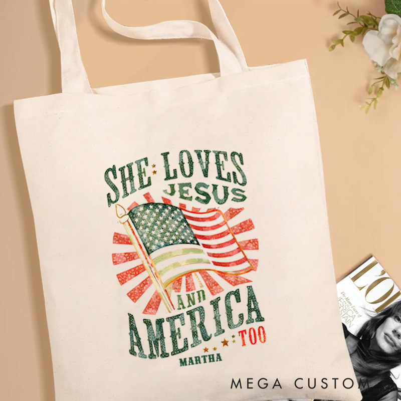 Personalized She Loves Jesus and America Too Christian Canvas Tote Bag with Name Jesus Aesthetic Tote Bag Religious Patriotic Gift for Jesus Lovers