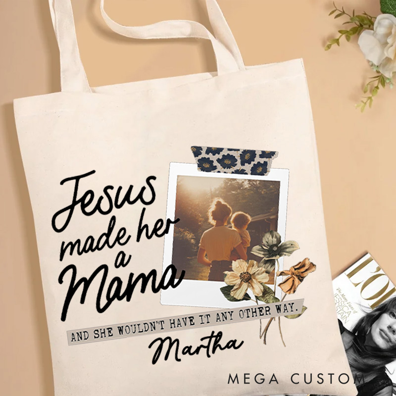 Personalized Jesus Made Her A Mama Christian Canvas Tote Bag with Name Custom Picture Mom Tote Bag Gift for Jesus Lovers Mother's Day Gift