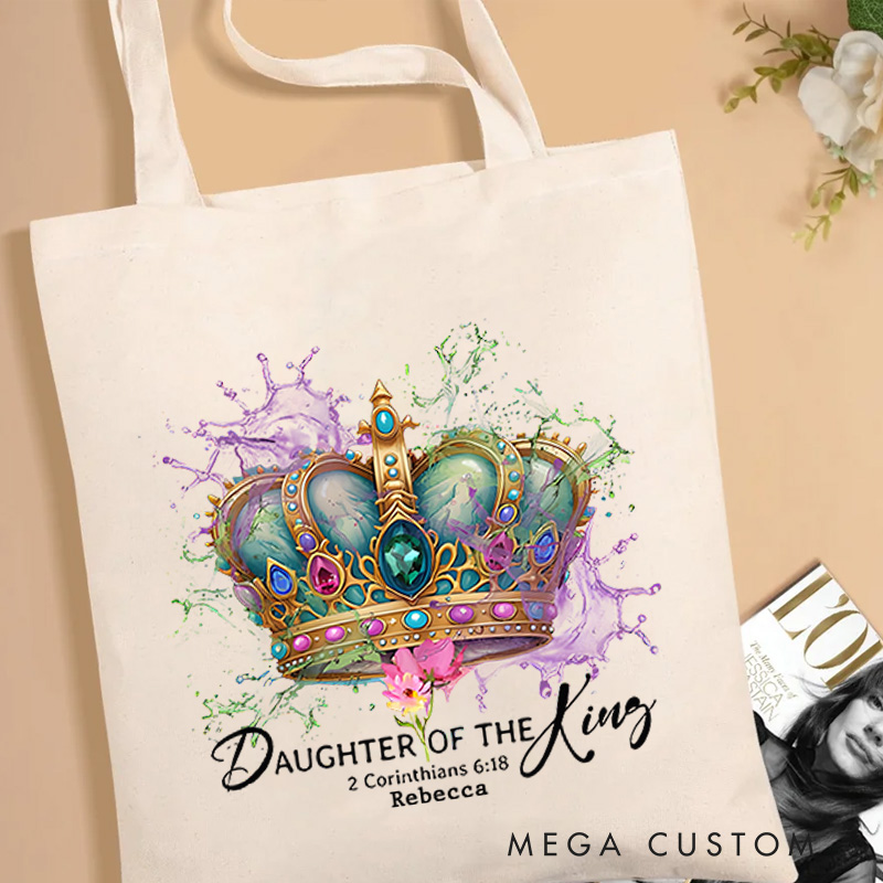 Personalized Daughter of the King Canvas Tote Bag with Name 2 Corinthians 6:18 Bible Verse Tote Bag Christian Warrior Princess Tote Bag Gift for Her