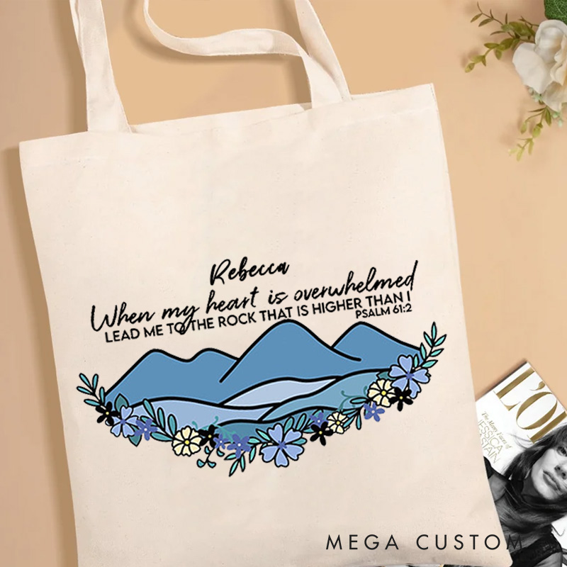 Personalized When My Heart is Overwhelmed Canvas Tote Bag with Name Christian 2 Psalm 61:2 Bible Verse Tote Bag Christian Gift Faith Based Gift