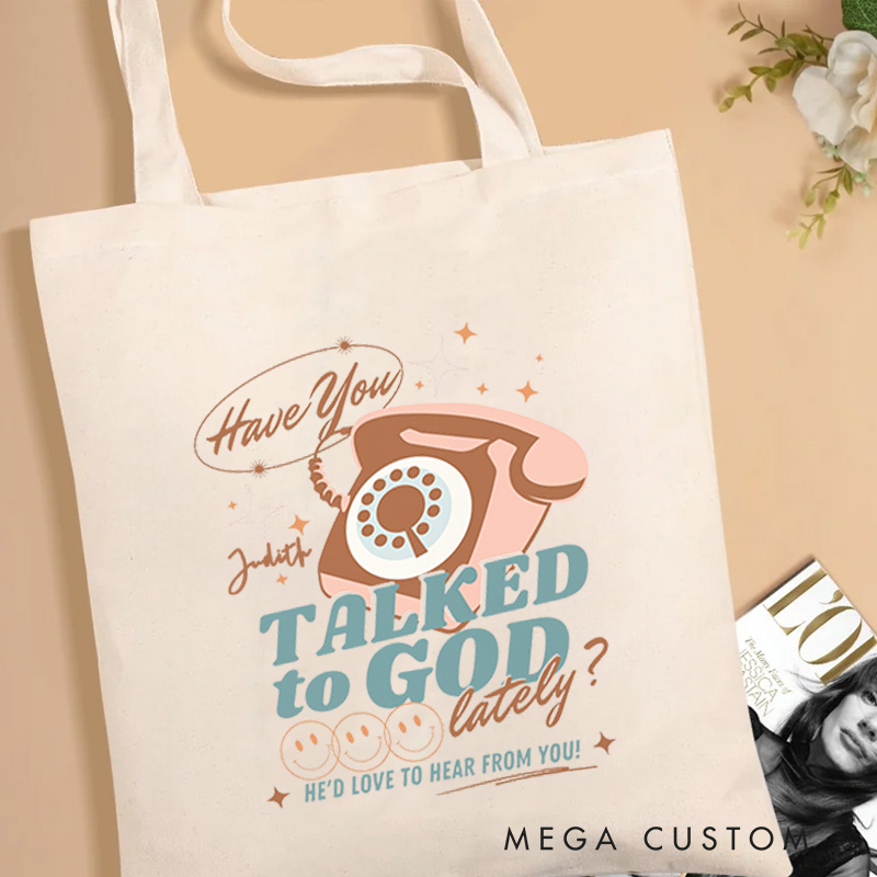 Personalized Have You Talked to God Lately Christian Canvas Tote Bag with Name Retro Telephone Tote Bag Jesus Bag Christian Gift for Jesus Lovers