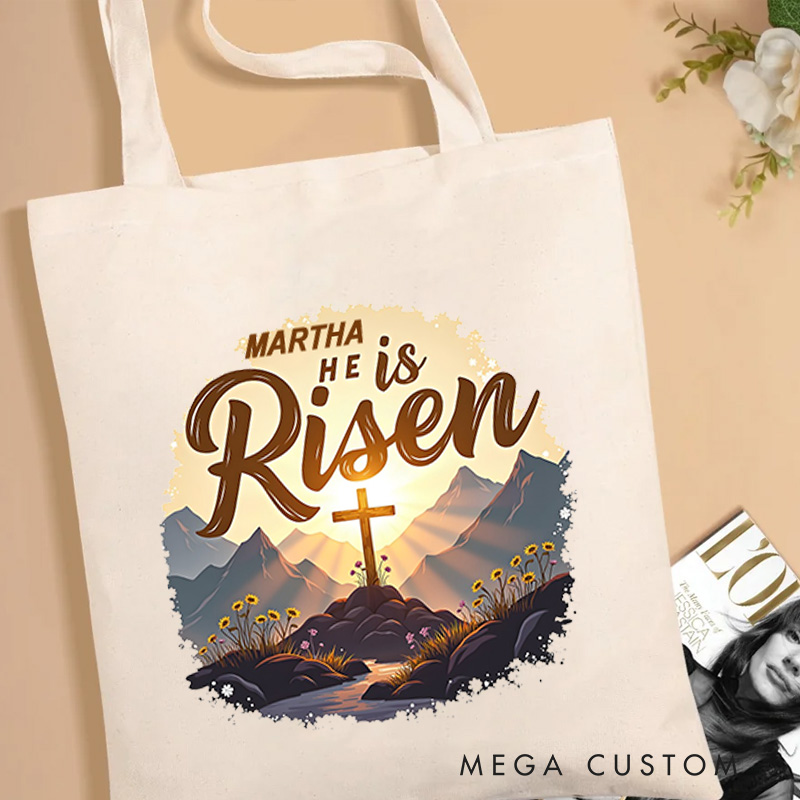 Personalized He is Risen Glory Christian Canvas Tote Bag with Name Radiant Resurrection Cross in Mountain Tote Bag Christian Gift Easter Gift 