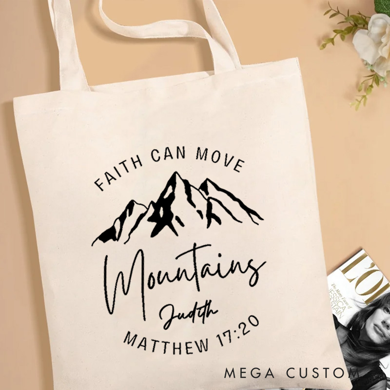 Personalized Faith Can Move Mountains Canvas Tote Bag with Name Christian Matthew 17:20 Bible Verse Tote Bag Faith Tote Bag Christian Gift Faith Gift