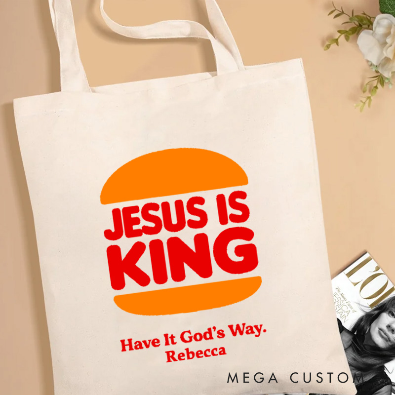 Personalized Jesus is King Christian Canvas Tote Bag with Name Fun Burger Jesus Tote Bag Faith Tote Bag Religious Gift Christian Gift for Jesus Lovers