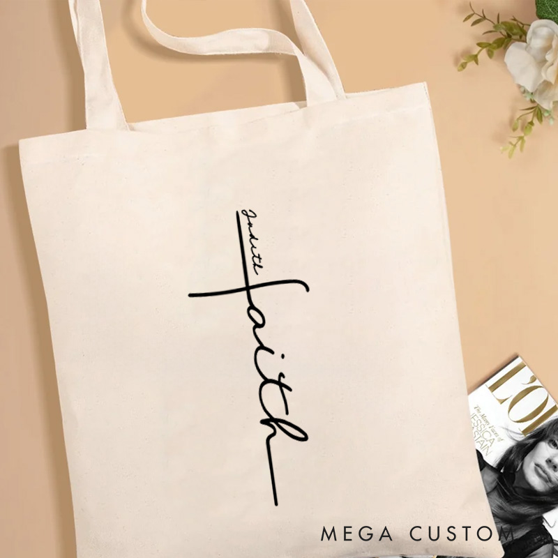Personalized Faith Cross Christian Canvas Tote Bag with Name Cursive Faith Handwritten as A Cross Tote Bag Faith Tote Bag Christian Gift Faith Gift