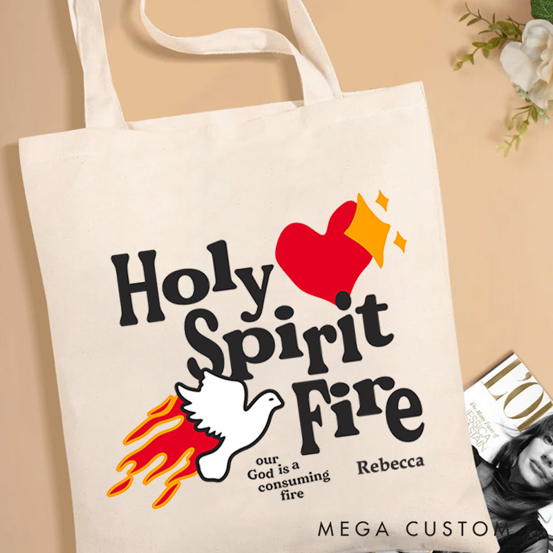 Personalized Holy Spirit Fire Christian Canvas Tote Bag with Name Our God is A Consuming Fire Tote Bag Dove Tote Bag Christian Gift Faith Based Gift
