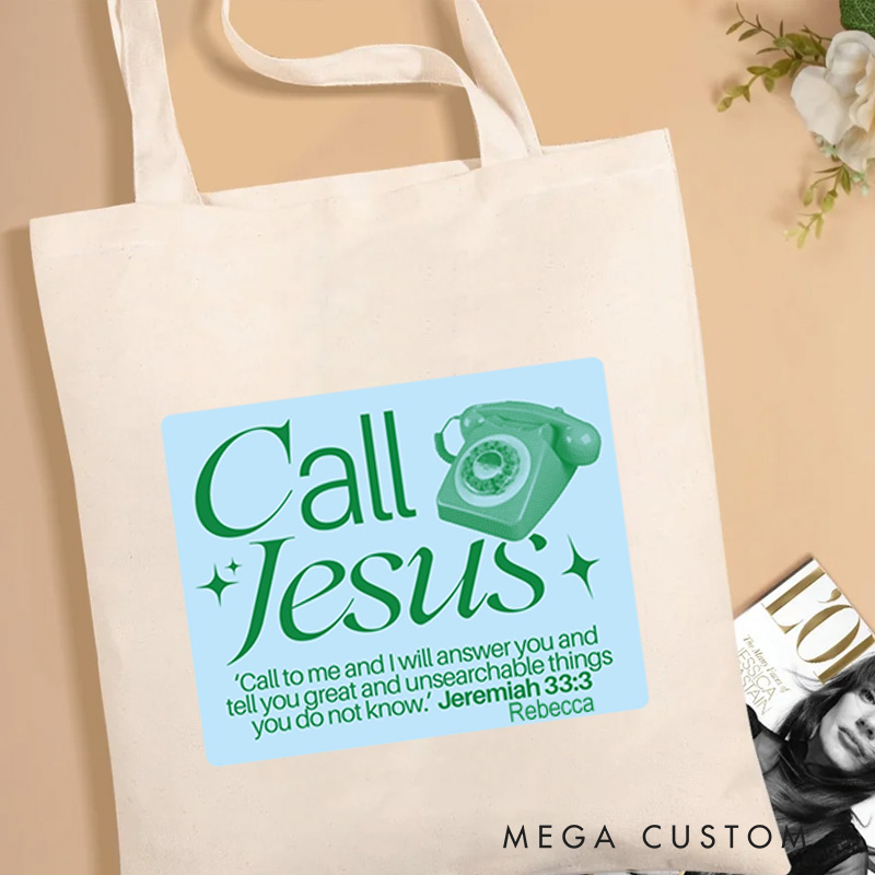 Personalized Call Jesus Canvas Tote Bag with Name Christian Jeremiah 33:3 Bible Verse Tote Bag Retro Telephone Tote Bag Christian Gift for Jesus Lover