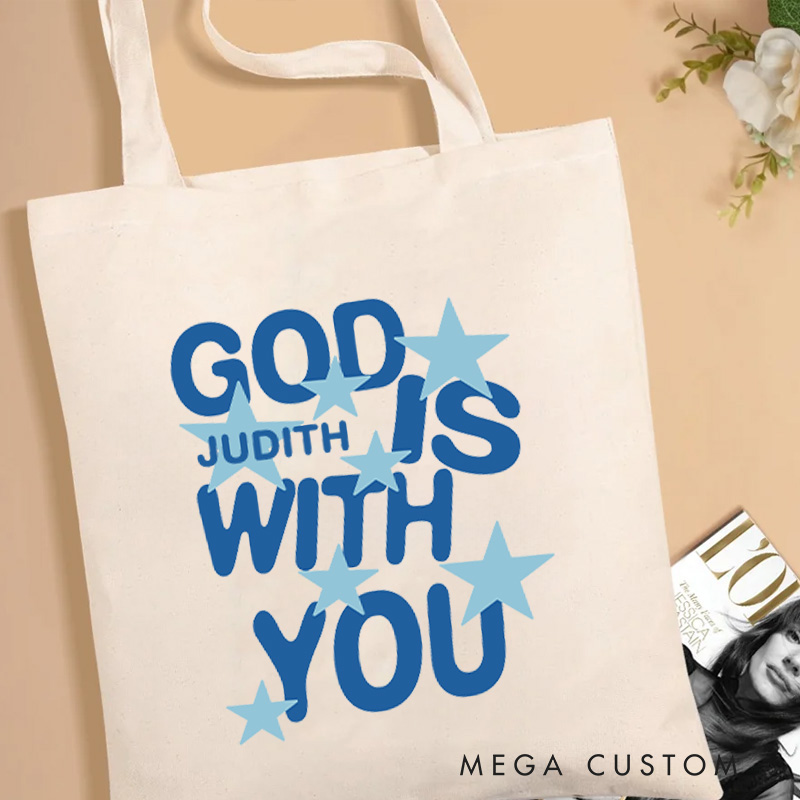 Personalized God Is with You Christian Canvas Tote Bag with Name Star with God Tote Bag God Tote Bag Religious Gift Christian Gift for Jesus Lovers