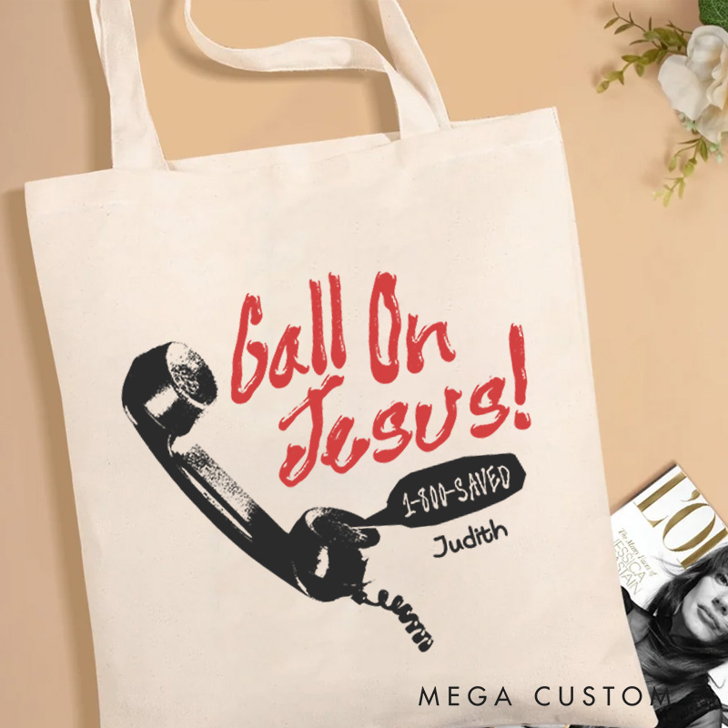 Personalized Call on Jesus Christian Canvas Tote Bag with Name Retro Telephone Tote Bag Jesus Tote Bag Religious Gift Christian Gift for Jesus Lovers