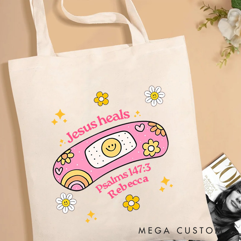 Personalized Jesus Heals Canvas Tote Bag with Name Christian Psalms 147:3 Bible Verse Tote Bag Cute Bandage Tote Bag Christian Gift for Jesus Lover