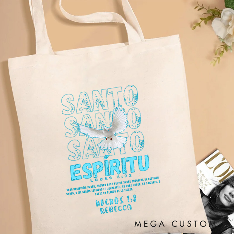 Personalized Santo Espíritu Holy Spirit Canvas Tote Bag with Name Christian Acts 1:8 Bible Verse Tote Bag Dove Tote Bag Religious Faith Based Gift