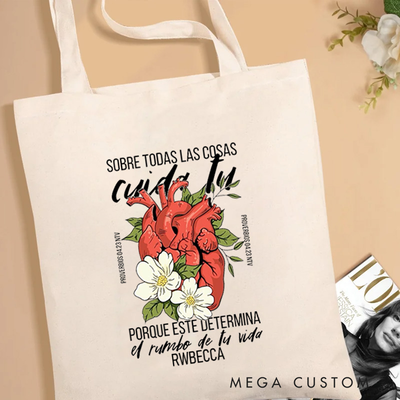 Personalized Above All Else Guard Your Heart Canvas Tote Bag with Name Christian Proverbs 4:23 Bible Verse Tote Bag Heart and Flowers Tote Bag Gift