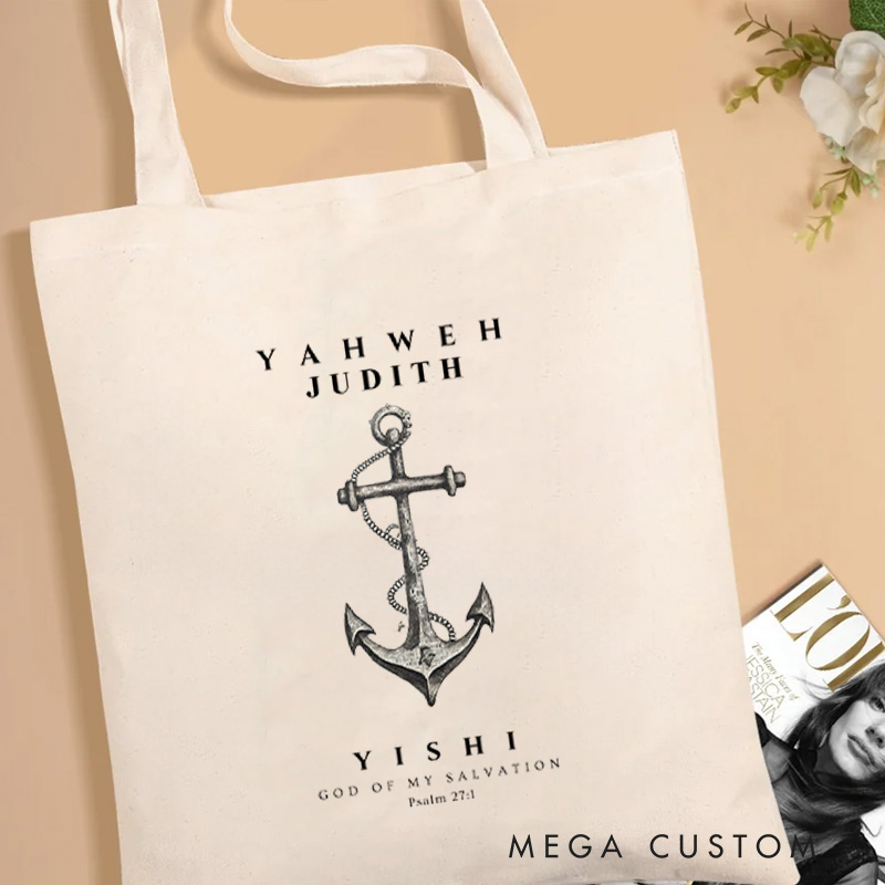 Personalized Yahweh Yishi The Lord is My Salvation Canvas Tote Bag with Name Christian Psalm 27:1 Bible Verse Tote Bag Vintage Anchor Tote Bag Gift