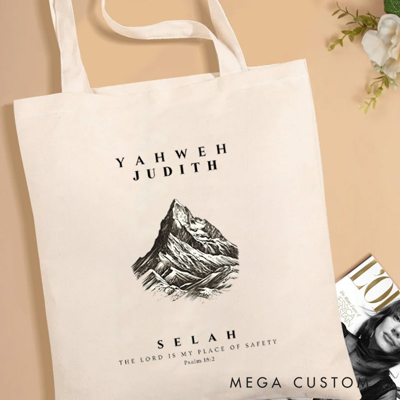 Personalized The Lord is My Place of Safety Canvas Tote Bag with Name Christian Psalm 18:2 Bible Verse Tote Bag Mountain Jesus Tote Bag Religious Gift