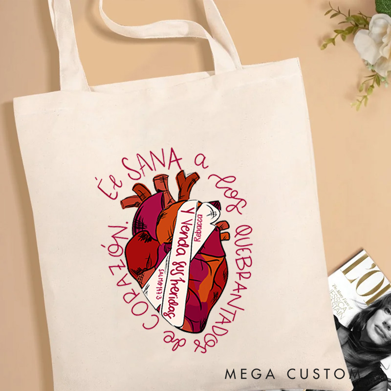 Personalized Jesus Heals Canvas Tote Bag with Name Christian Psalms 147:3 Bible Verse Tote Bag Heart Bandage Tote Bag Jesus Tote Bag Christian Gift