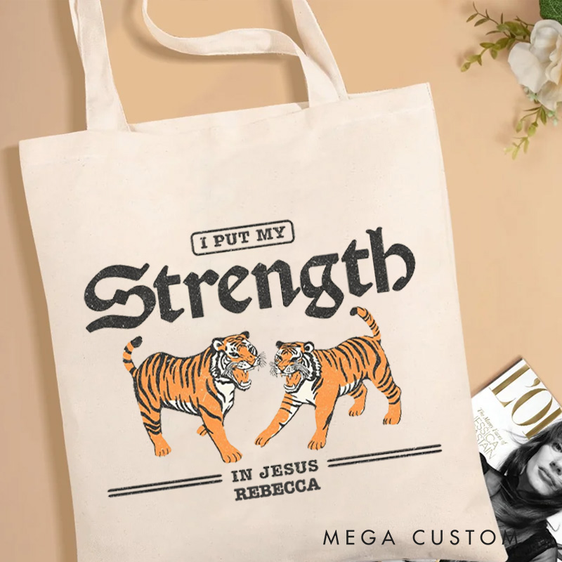 Personalized I Put My Strength in Jesus Canvas Tote Bag with Name Vintage Tigers Tote Bag Jesus Tote Bag Religious Gift Christian Gift for Jesus Lovers