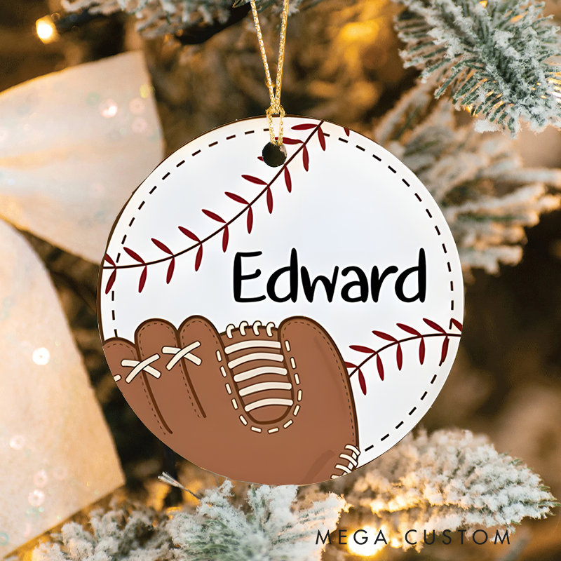 Personalized Baseball Christmas Ornament with Custom Name Glove and Ball Stitching Design for Sports Lovers