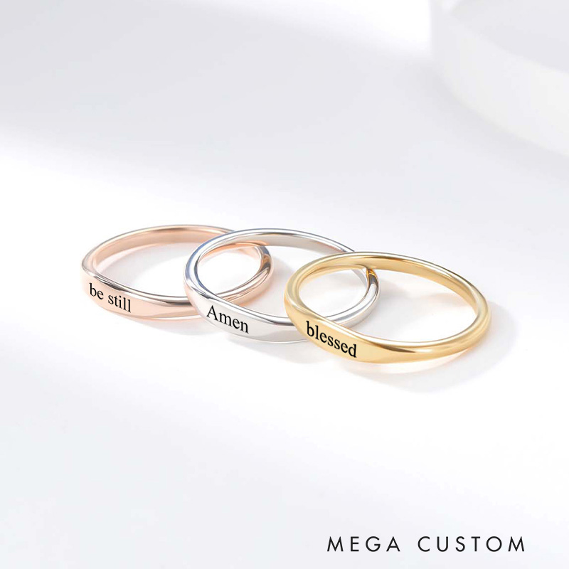 Personalized Tiny Cross Ring Custom Engrave Minimalist Stackable Ring Jewelry with Name Christian Be Still Ring Baptismal Mother's Day Gift for Her