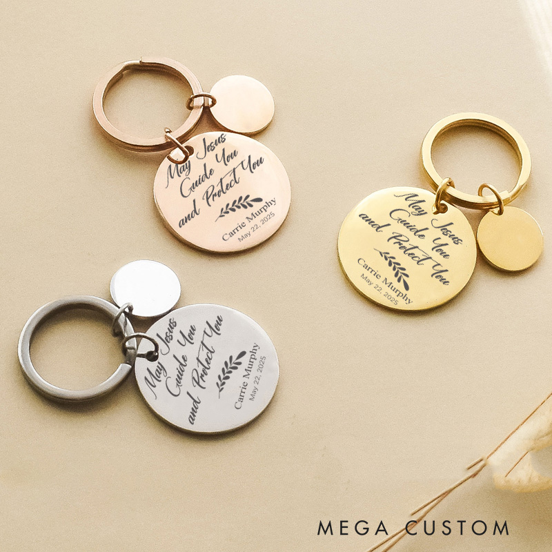 Personalized May Jesus Guide You and Protect You Bible Verse Stainless Steel Keychain with Name Bible Verse Baptism Gifts for Christian