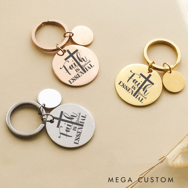 Personalized Faith Is Essential Stainless Steel Keychain with Name Christian and Religious Gifts Christian Apparel Christmas Gifts