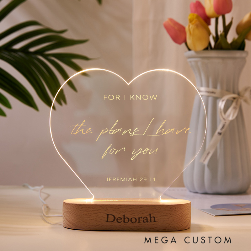 Personalized Jeremiah 29:11 Heart Shaped Custom LED Night Light with Wooden Base Home Decor Birthday Gift for Christian 
