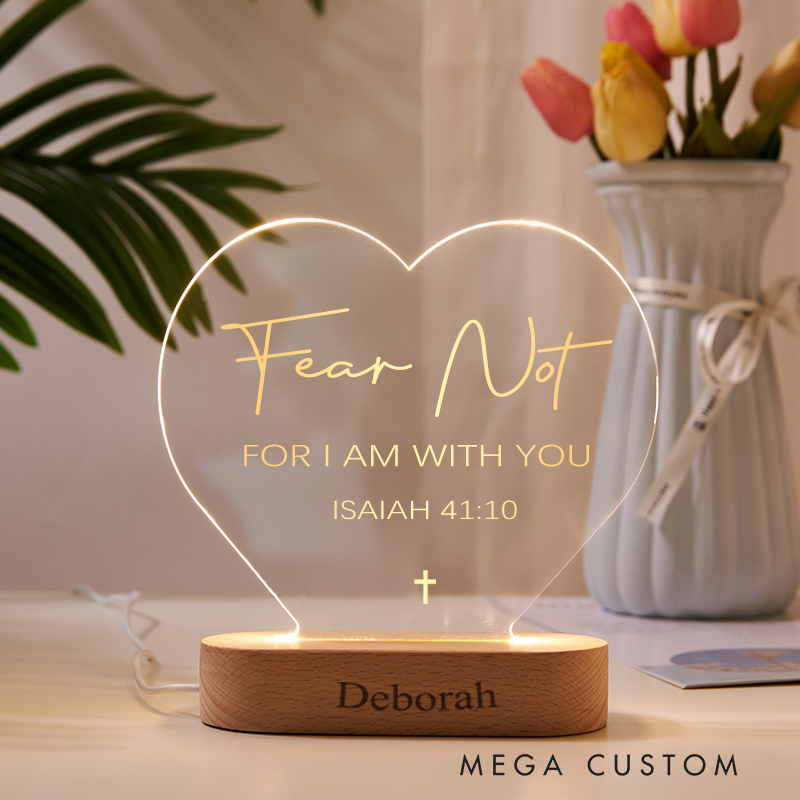 Personalized Isaiah 41:10 Cross Heart Shaped Custom LED Night Light with Wooden Base Home Decor Birthday Gift for Christian 