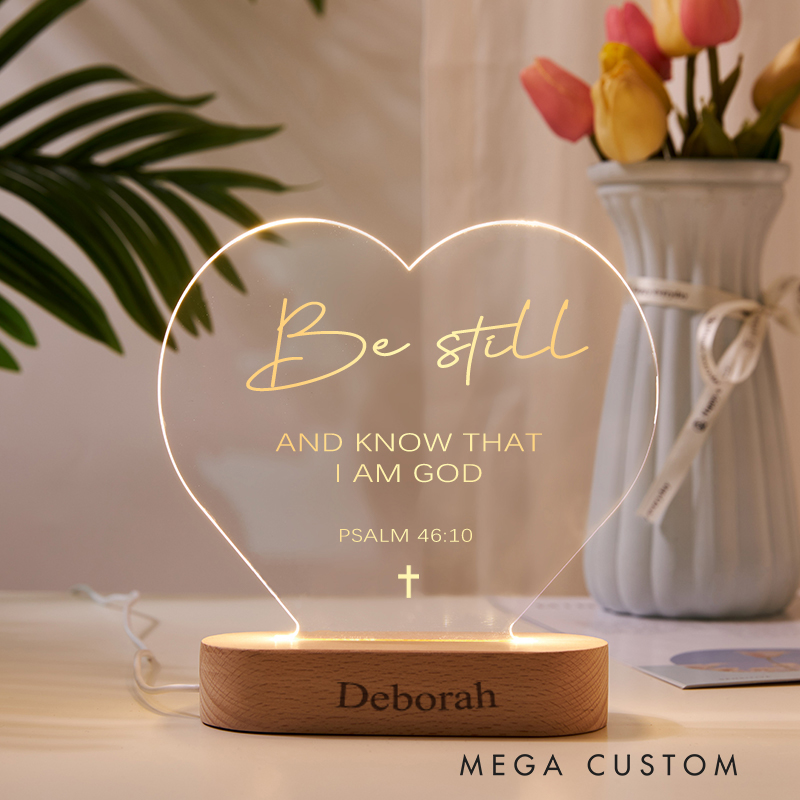 Personalized Psalm 46:10 Heart Shaped Custom LED Night Light with Wooden Base Home Decor Birthday Gift for Christian Religious Gift