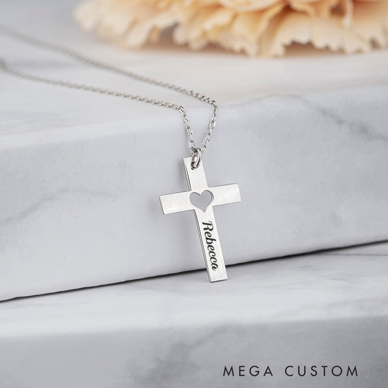 Personalized Heart Cross Name Pendant Necklace for Women Religious Jewelry Christening Baptism Gift for Women Christian Gift for Her Mom Wife