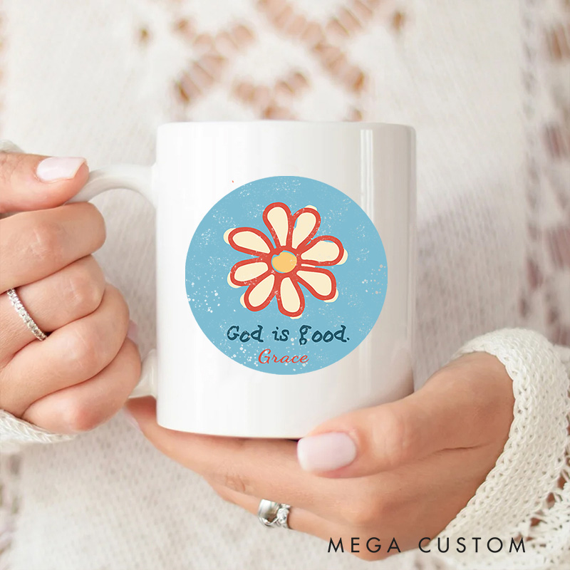 Personalized Flower God is Good Bible Verse Ceramic Mug with Name Christmas Gift for Christians Birthday Gift for Christians