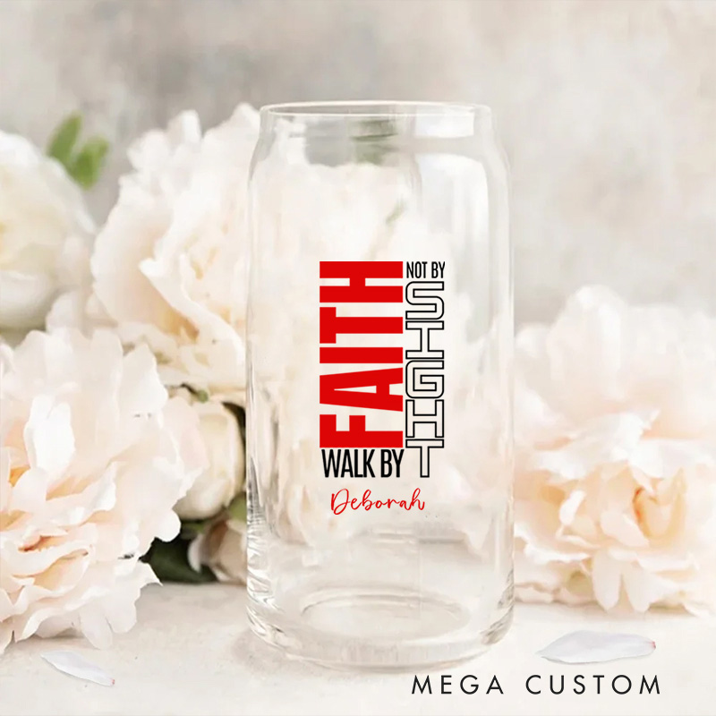 Personalized Christian Walk By Faith Not by Sight Glass Cup with Lid and Straw Birthday Religious Baptism Gift for Family Friends Christians