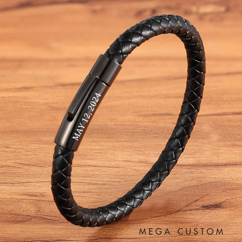 Personalized Braided Leather Bracelet with Custom Name Steel Clasp Religious Jewelry for Men Confirmation Gift Christian Gift for Dad Men Him