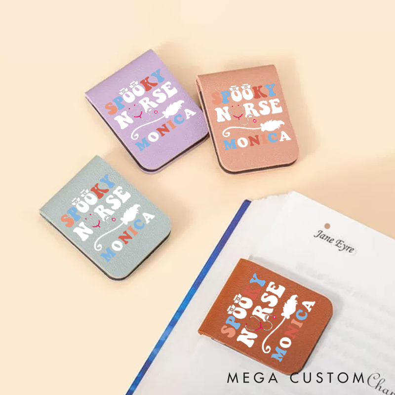 Personalised Leather Magnetic Bookmark for Nurse Spooky Nurse Design Cute Bookmark Gift Book Lover Gift 