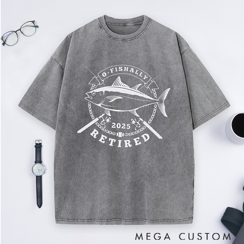 Personalized Fishing O-Fishally Retired Washed T-Shirt Great Retirement Gift for Fishing Lover Dad Grandpa
