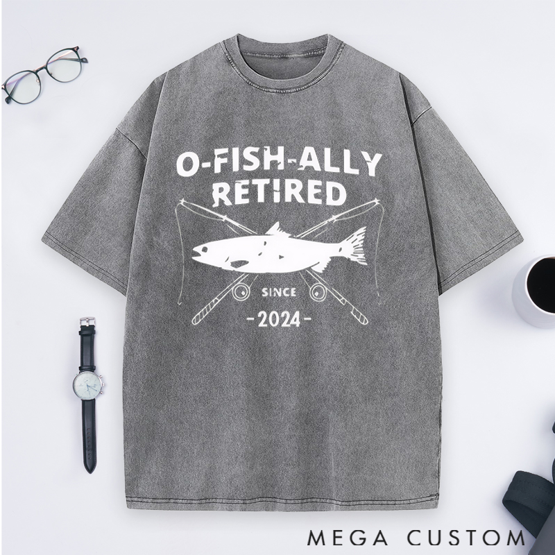 Personalized O-Fish-Ally Retired Washed T-Shirt Fun Retirement Gift for Fishing Lovers
