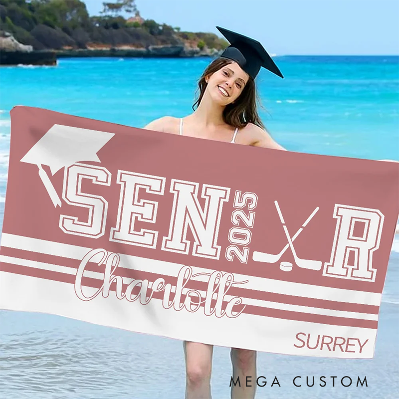 Personalized Senior Graduation Beach Towel with Custom Year Name Sports Theme and School Design
