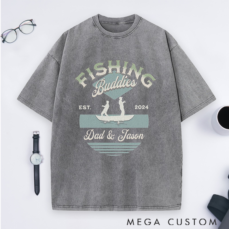 Personalized Fishing Buddies Washed T-Shirt with Father and Child Silhouette for Fishing Enthusiast