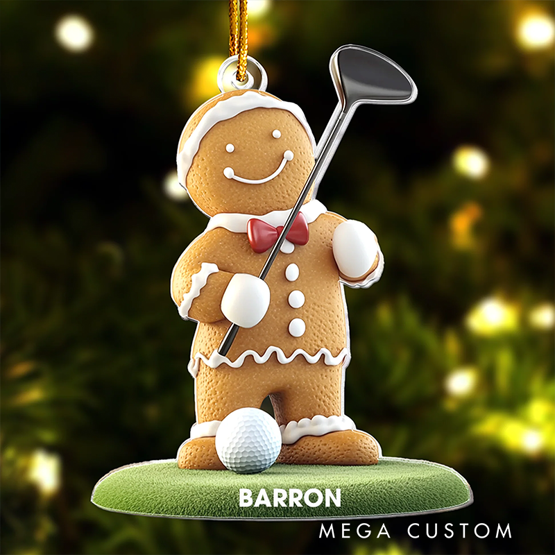 Personalized Gingerbread Golfer Christmas Ornament with Custom Name and Golf Themed Design