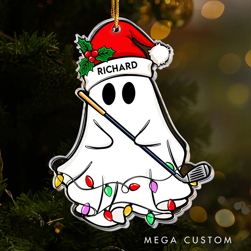Personalized Christmas Ghost Ornaments with Custom Names and Festive Golf Design