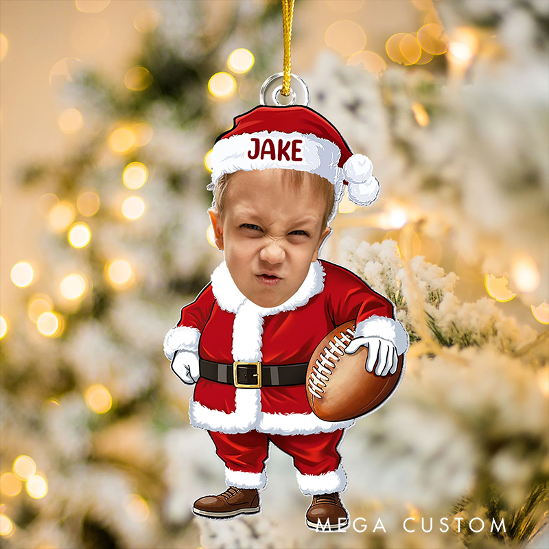 Personalized Santa Photo Ornaments with Custom Face Upload Name and Sports Themed Holiday Design