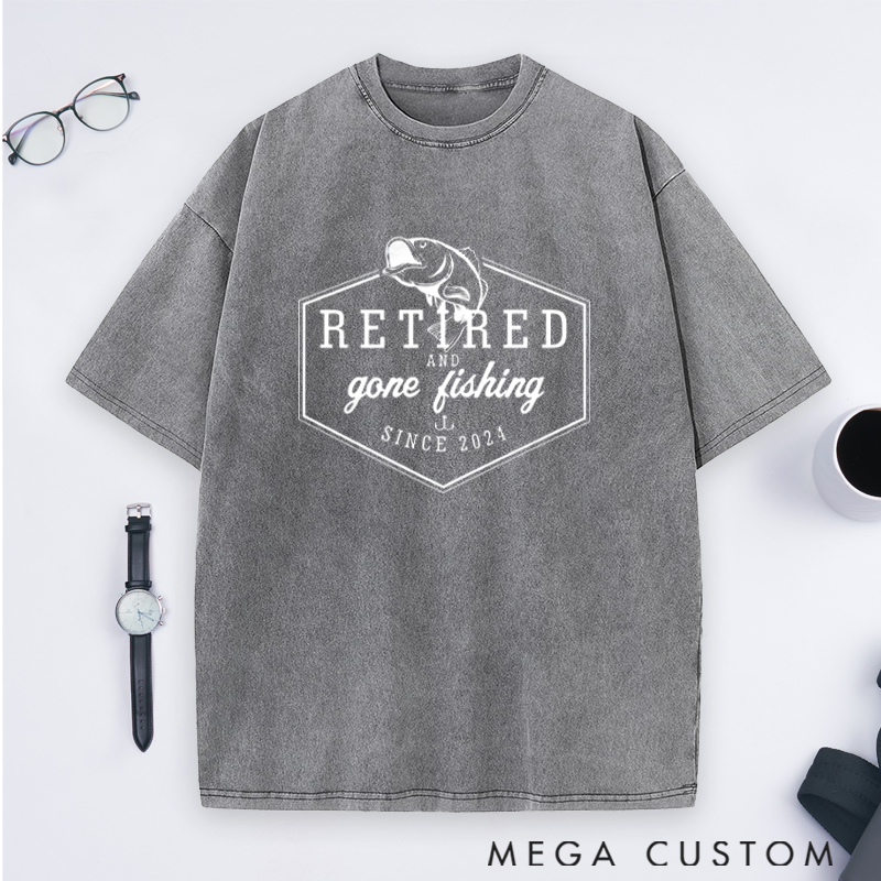 Personalized Retired and Gone Fishing Washed T-Shirt Retirement Gift for Fishing Outdoors Lover