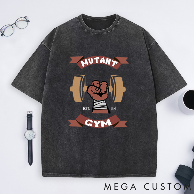 Personalized Mutant Gym Washed T-Shirts with Bold Fist and Barbell Design for Fitness Enthusiasts Bodybuilders and Gym Lovers