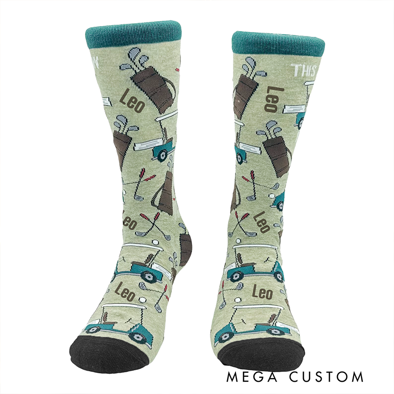 Personalized Golf Themed Crew Socks with Custom Name Golf Cart and Fun Sports Design