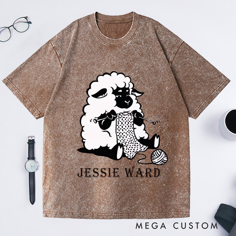 Personalized Sheep Graphic Washed T-Shirts Funny Crochet Shirts Knitting Gifts Crafter Vneck Shirts Cute Crocheting Clothing
