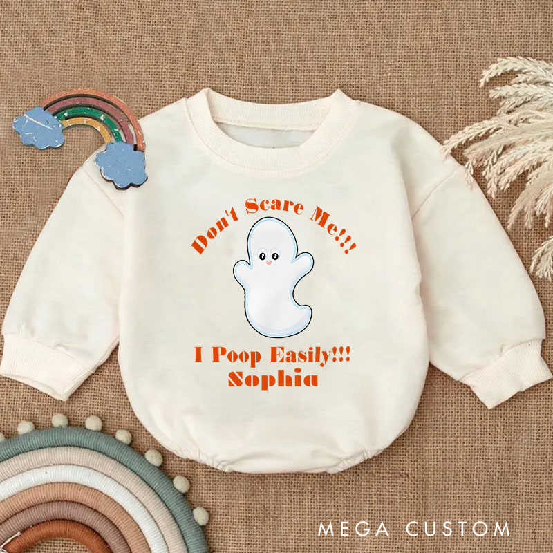 Personalized Funny Ghost Baby Bodysuit with Don’t Scare Me I Poop Easily Halloween Humor