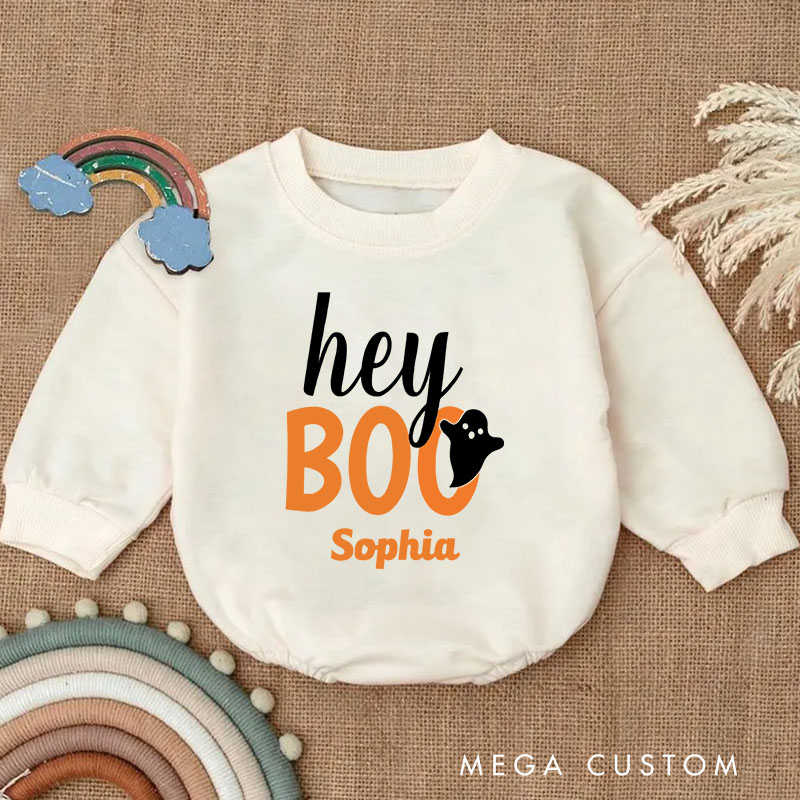 Personalized Hey Boo Orange Black Funny Halloween Ghost Baby Bodysuit