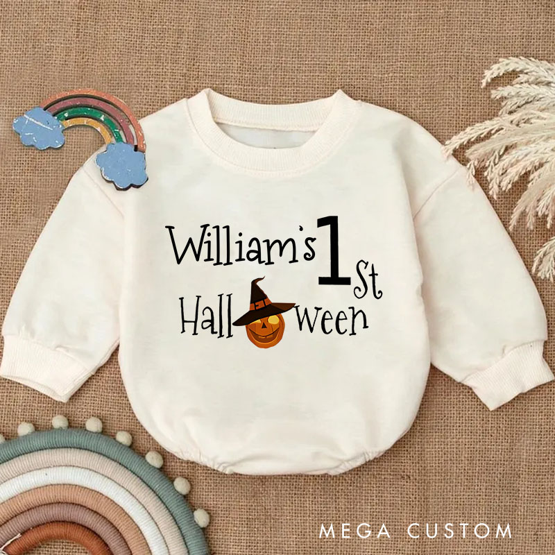 Personalized Baby's First Halloween Baby Bodysuit with Witch Hat and Pumpkin Details