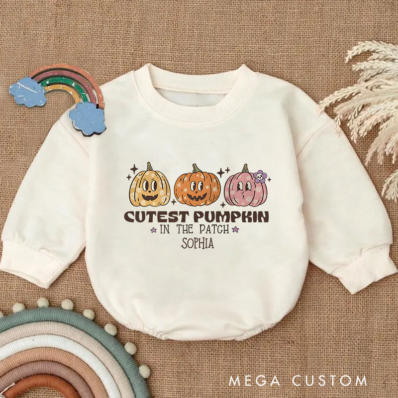 Personalized Cutest Pumpkin in the Patch Baby Bodysuit with Adorable Pumpkin Trio Illustration