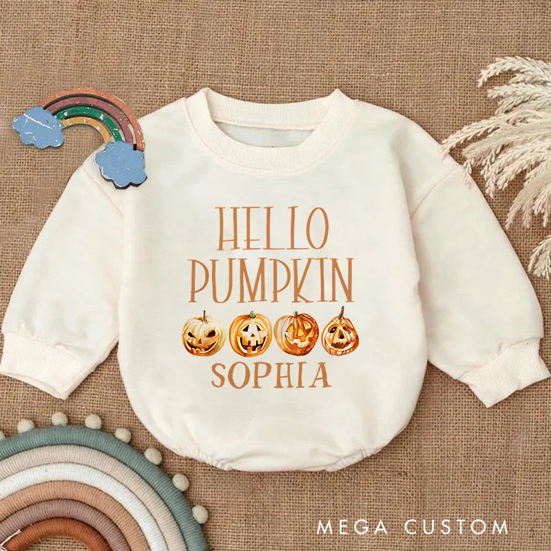 Personalized Hello Pumpkin Baby Bodysuit with Colorful Pumpkins for a Sweet Fall Celebration