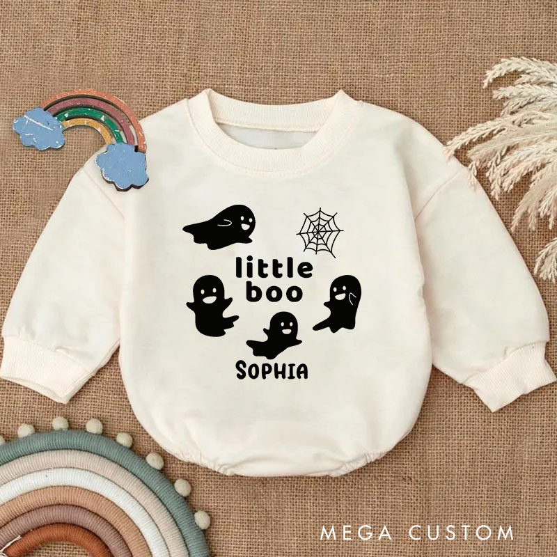 Personalized Little Boo Baby Bodysuit with Playful Ghosts and Spider Web for Halloween Fun