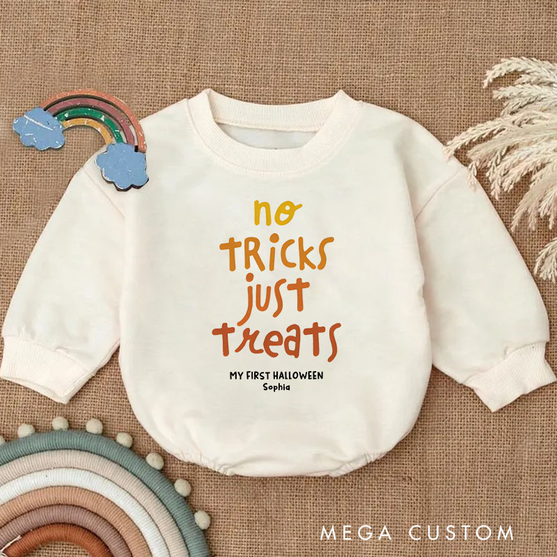 Personalized No Tricks Just Treats Baby Bodysuit Featuring Festive Text and Customizable Name